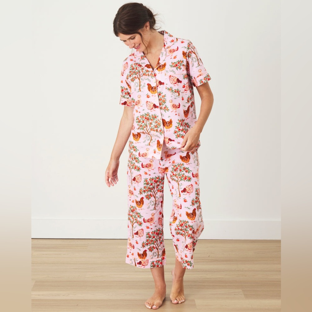 PRINTFRESH 100% Organic Cotton Top & Cropped Pants Hen House Ballet Pink XXS GUC - Picture 5 of 14